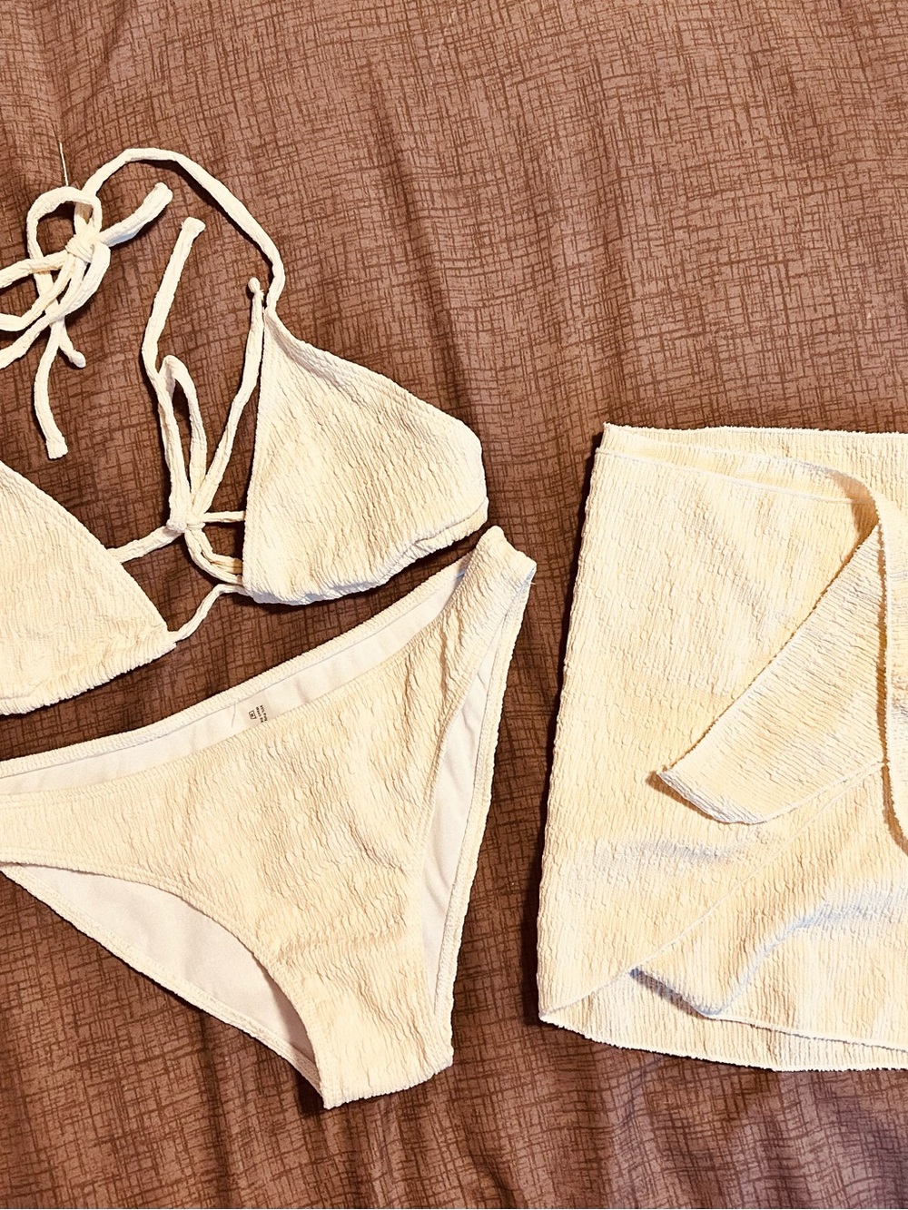 Cream Textured Triangle Bikini Top & Bottom Set with Skirt